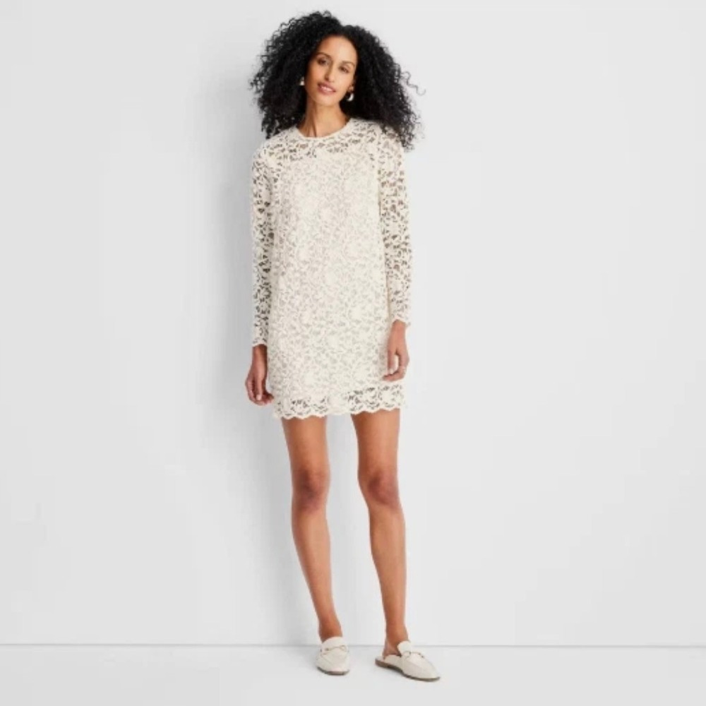 Future Collective Lace Mini Sheath Dress Womens M Cream NEW Long Sleeve Scallop